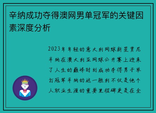 辛纳成功夺得澳网男单冠军的关键因素深度分析